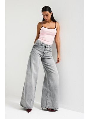 It's Basic Kadın Gri Renk Hera 4s6-12 Palazzo Fit Bol Kesim %100 Koton Orta Bel Denim Jean