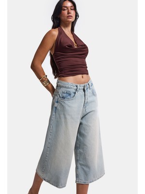 It's Basic Kadın T.Kot Rengi 2S5-84 Süper Baggy Fit Maxi Boy %100 Koton Denim Şort