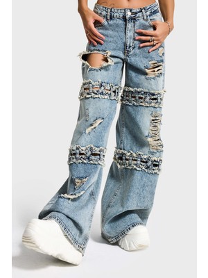 It's Basic Kadın Kot Rengi Palazzo Fit Yırtık Detaylı Tasarım Denim Jean