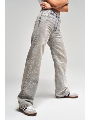 It's Basic Kadın T.Kot  Rengi T-4S5-90 Parlak Taşlı %100 Koton Tasarım Straight Fit Denim Jean