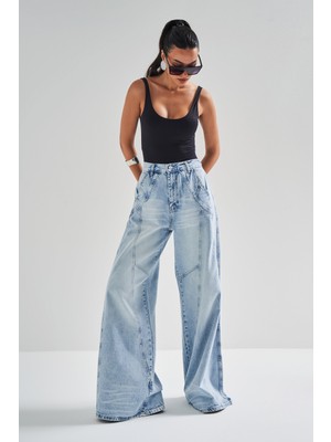 It's Basic Kadın Kot Rengi 4S5-3 Mega Baggy Fit Süper Bol %100 Koton Rahat Kesim Denim Jean