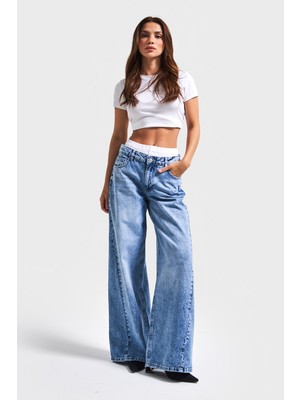 It's Basic Kadın Mavi Kot Rengi 4S5-4 Boxer Detaylı Palazzo Fit %100 Koton Denim Jean