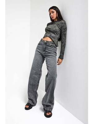 It's Basic Kadın Füme Renk 4S513 Loose Fit Kemeri Leopar Desenli Denim Jean