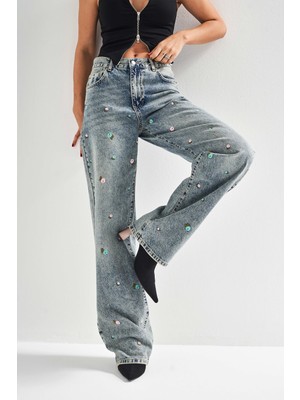 It's Basic Kadın Kot Rengi 4S5-65 Çiçek Nakışlı Loose Fit Orta Bel %100 Koton Denim Jean