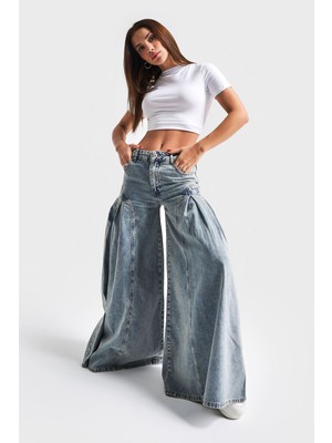 It's Basic Kadın T.Kot Rengi 3S5-65 Elephant Leg  Süper Bol Kesim %100 Koton Denim Jean
