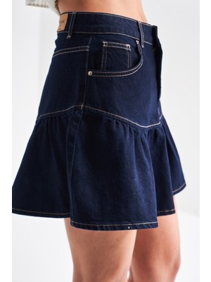 It's Basic Kadın Koyu Mavi Renk 1S5-50 Volanlı Süper Mini %100 Koton Denim Etek