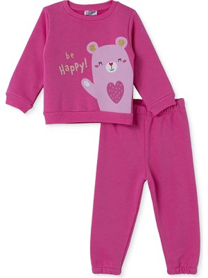 Hellobaby Kız Bebek Eşofman Takımı Ayı Baskılı Bisiklet Yaka Uzun Kol Lastikli