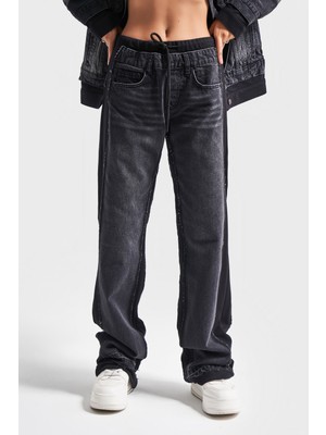 It's Basic Kadın Koyu Füme Renk  2w41 Örme Denim Karışımlı Loose Fit Tasarım Denim Jean