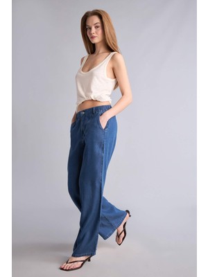 DeFacto Wide Leg Yüksek Bel Uzun Akışkan Kumaş Yıkama Efektli Jean Pantolon D8239AX26HS