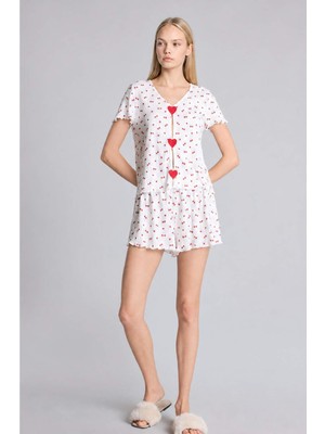 DeFacto Regular Fıt Şortlu Kısa Kollu Desenli 2li Ecru Pijama TAKIMI H6373AX26HS