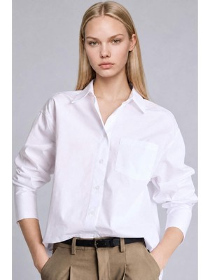 DeFacto %100 Pamuk Oversize Poplin Uzun Kollu Beyaz Gömlek T8735AZ26AU