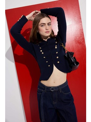 DeFacto Fitted Bisiklet Yaka Fermuarlı Crop Lacivert Napolyon Ceket I4121AX26HS