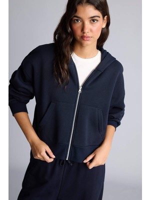 DeFacto Regular Fit Kapüşonlu Kalın Fermuarlı Lacivert Basic Sweatshirt I2412AX26AU