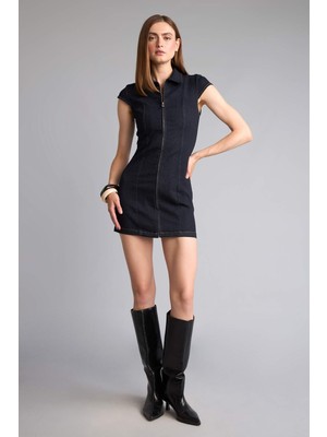 DeFacto Gömlek Yaka Fermuarlı Indigo Mini Jean ELBISE H6340AX26AU