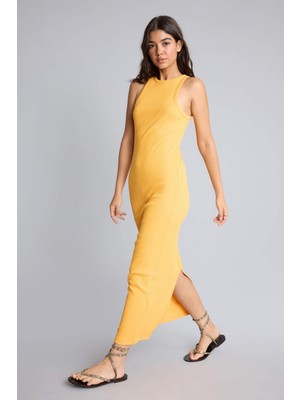 DeFacto Bodycon Vücudu Saran Halter Yaka Ribana Kolsuz Açık Mavi Maxi ELBISE H7119AX26SM