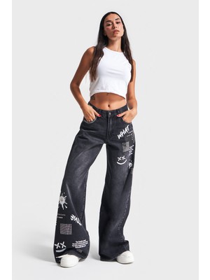 It's Basic Kadın Koyu Füme Renk Hera Baskılı Parlak Taşlı Palazzo Fit Tasarım Denim Jean