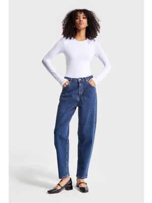 It's Basic Kadın Koyu Mavi Renk Likralı Kumaş Mom Fit Denim Jean