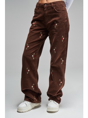 It's Basic Kadın Taba Renk 7w442 Loose Fit Nakışlı Fitilli Kadife Pantolon