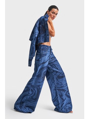 It's Basic Kadın Mavi Renk Parlak Taş DetaylıPalazzo Fit Bol Kesim Denim