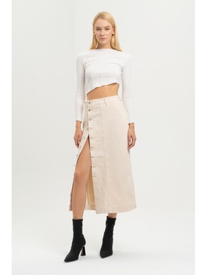 Its Basic Kadın Raw Bej Renk Önü Düğmeli Maxi Boy Denim Etek