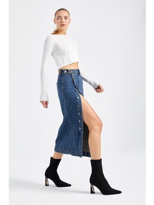 It's Basic Kadın Tint Kot Rengi Tilia Önü Düğmeli Maxi Boy Denim Etek