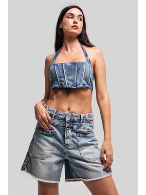 It's Basic Kadın Tint Kot Rengi Kemer Detaylı Önden Cepli Denim Şort