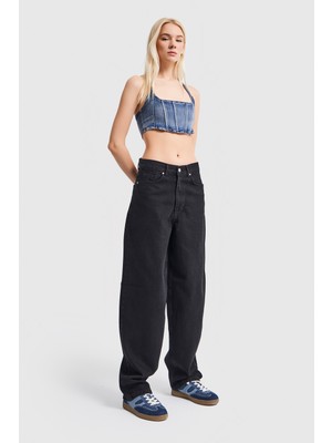 It's Basic Kadın Siyah Renk Cindy Skater Fit Bol Kalıp Denim Pantolon