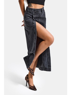 It's Basic Kadın Gri Füme Renk Tilia Önü Düğmeli Maxi Boy Denim Etek