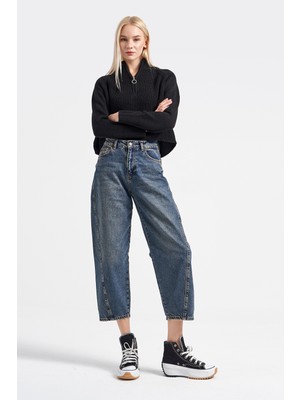 It's Basic Kadın Kot Koyu Tint Renk Venüs Carrot Fit Bol Kesim Denim Jean