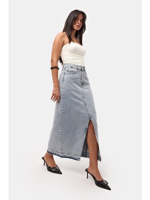 It's Basic Kadın Snow Kot Rengi Derin Yırtmaçlı Yüksek Bel Uzun Denim Etek