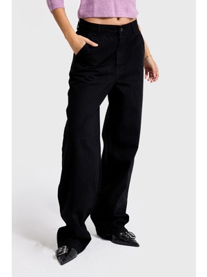 It's Basic Kadın Siyah Black Od Renk Juniper Skater Fit Bol Kesim Denim Pantolon
