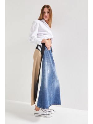 It's Basic Kadın Kot Rengi Çift Renk Özel Tasarım Maxi Boy Etek