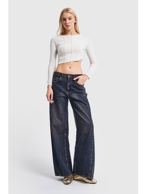 It's Basic Kadın Kot Tint Rengi Düşük Bel Süper Wide Leg Fit Denim Pantolon