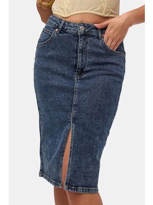 It's Basic Kadın Tint Kot Rengi Erica Midi Boy Yüksek Bel Yırtmaçlı  Jean Etek