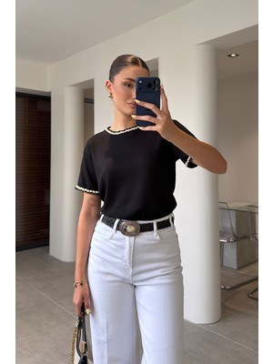 Magarde Premium Yakası Şaç Örgü Detaylı Bluz- Siyah