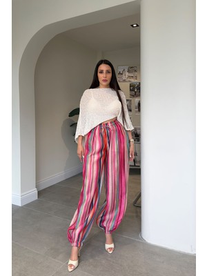 Magarde Beli Lastikili Çizgili Pantolon- Pembe