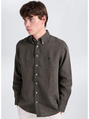 Brooks Brothers Haki Erkek Düğmeli Regular Fit Logo Baskılı Gömlek BBSS26MSH022