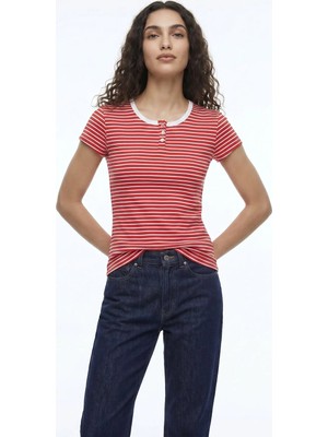 Lee Cooper Kırmızı Kadın Slim Fit Çizgili T-Shirt 262 Lcf 242024 Strıpe Kırmızı-Beyaz