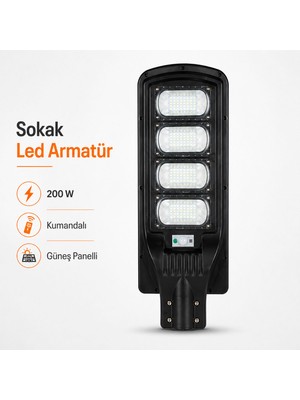 Badem10 Solar 200W LED Armatür Güneş Enerjili Kumandalı Sokak Bahçe Dış Mekan Duvar Aydınlatma Sistemi