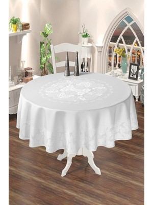 Empressco Beyaz Jakarlı Yuvarlak Masaörtüsü 160X160CM, Kir ve Leke Tutmaz, Polyester