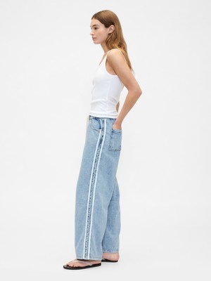 Gap Kadın Mavi High Rise Pull-On Stripe Wide-Leg Jean Pantolon