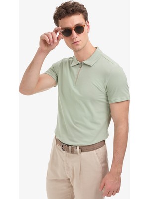 Pierre Cardin Erkek Çağla Slim Fit %100 Pamuk Kıvrılmaz Fermuarlı Polo Yaka Basic Tişört 50325311-VR016