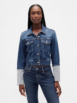 Gap Kadın Mavi Pin-Cuff Kısa Kol Icon Denim Ceket