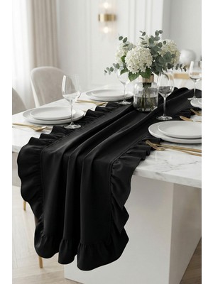 Morlay Naturel Siyah Fırfırlı Keten Runner - 40X150 cm