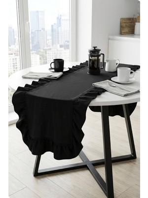 Morlay Naturel Siyah Fırfırlı Keten Runner - 40X110 cm