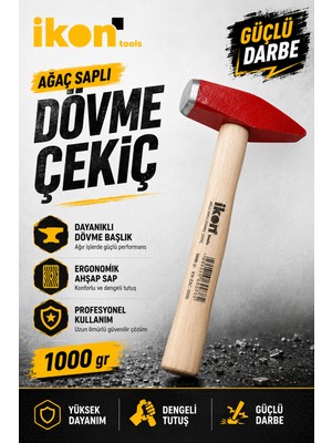 Ikon Tools Ağaç Saplı Dövme Çekiç 1000 gr Dayanıklı Çelik Başlıklı Ahşap Saplı Profesyonel Çekiç