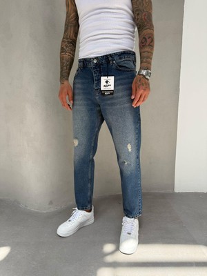 KağanKY Koyu Yıkamalı Lazerli Boyfriend Jean