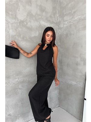 Neşeli Butik Kadın Siyah Halter Yaka Kolsuz Ikili Yazlık Premium Takım NBK4647