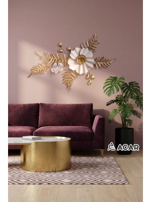 Acar Beyaz Altın Çiçekli Metal Tablo 83X57CM