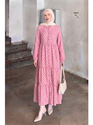 Trendparis Puantiyeli Lilyum Kumaş Katlı Elbise Pembe